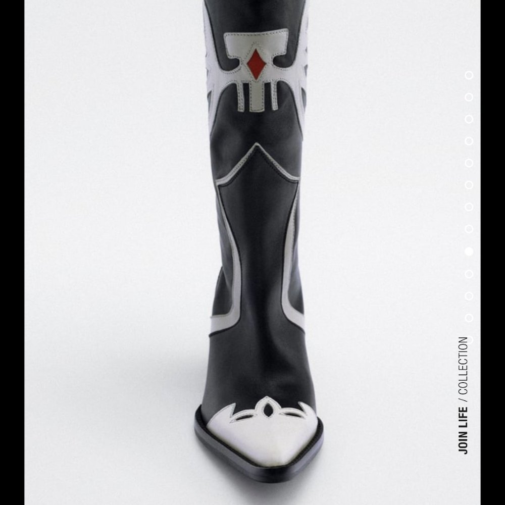 BNWT Zara Black and White Knee High Leather Cowboy Boots--size 37/6.5